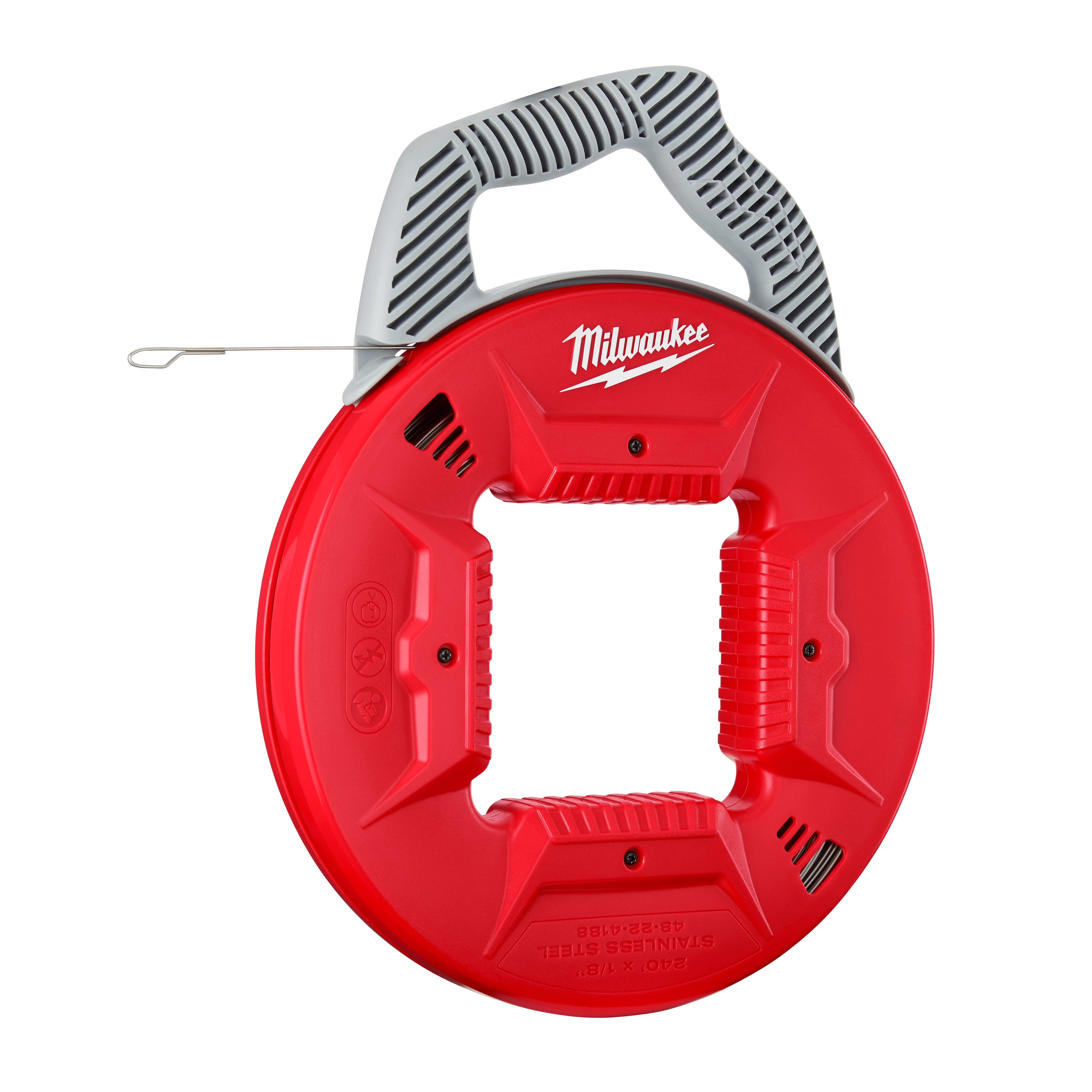 240' 1/8" Stainless Steel Fish Tape with a red case, gray ergonomic handle, and a looped end for pulling wire through conduits.