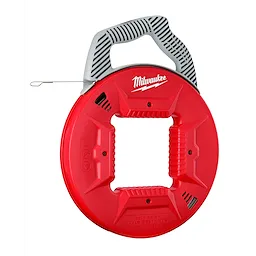 240' 1/8" Stainless Steel Fish Tape with a red case, gray ergonomic handle, and a looped end for pulling wire through conduits.