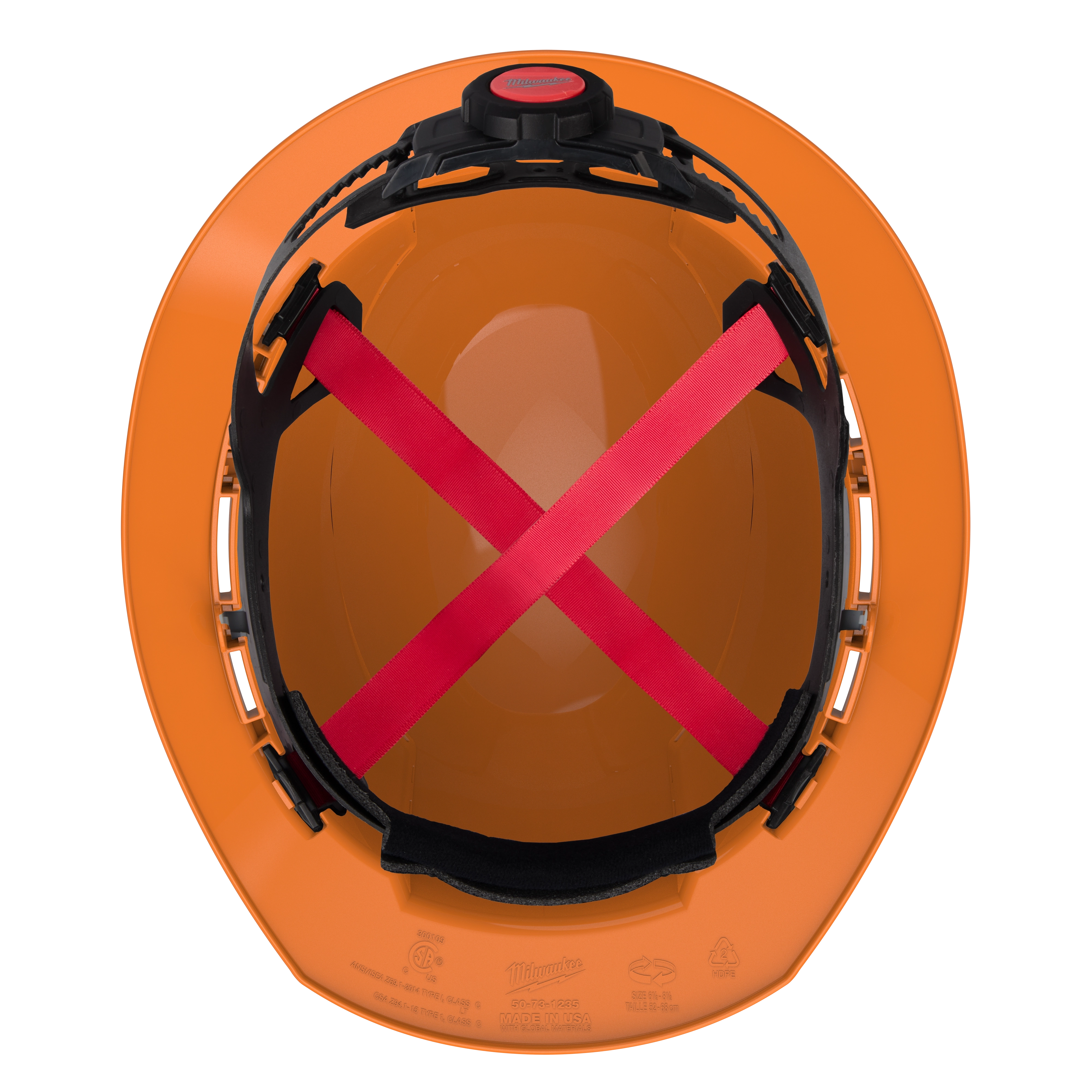 Top view of BOLT Orange Full Brim Vented Hard Hat w/4pt Ratcheting Suspension (USA) - Type 1, Class C