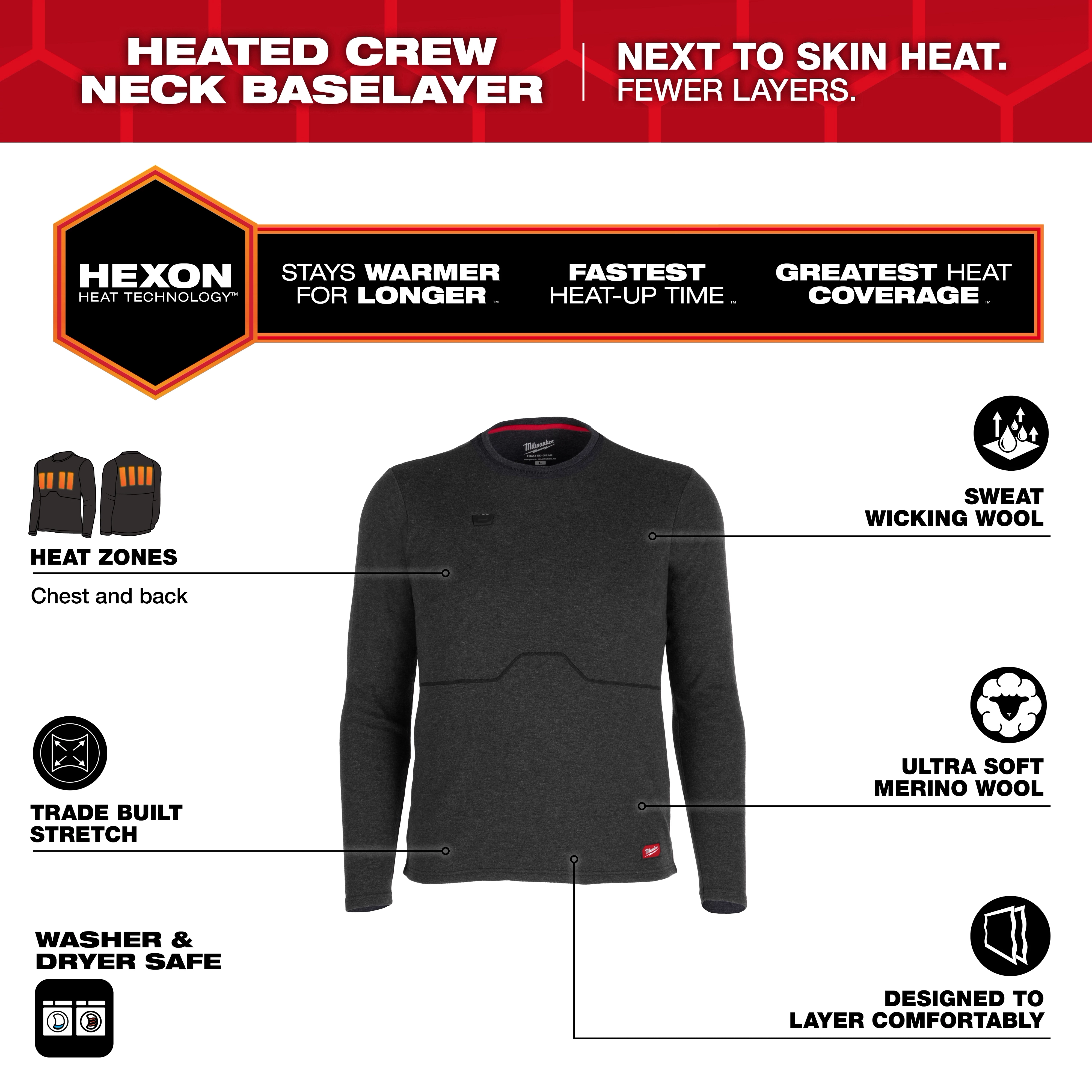 Milwaukee Heated Merino Wool Crew Neck Baselayer displayed front-facing with long sleeves on a white background.