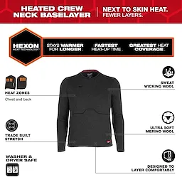 Milwaukee Heated Merino Wool Crew Neck Baselayer displayed front-facing with long sleeves on a white background.