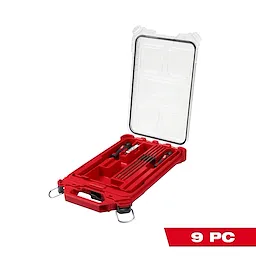 The 9pc Saw Chain Sharpening Set with PACKOUT™ Low-Profile Compact Organizer includes various sharpening tools in a red organizer with compartments. The organizer has a clear lid, metal latches, and is designed for portability and convenience. The "9 PC" label is displayed in the bottom-right corner.