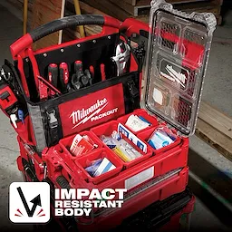 79PC Class A Type III PACKOUT First Aid Kit, shown open, is part of a red tool storage set with multiple compartments and tools.