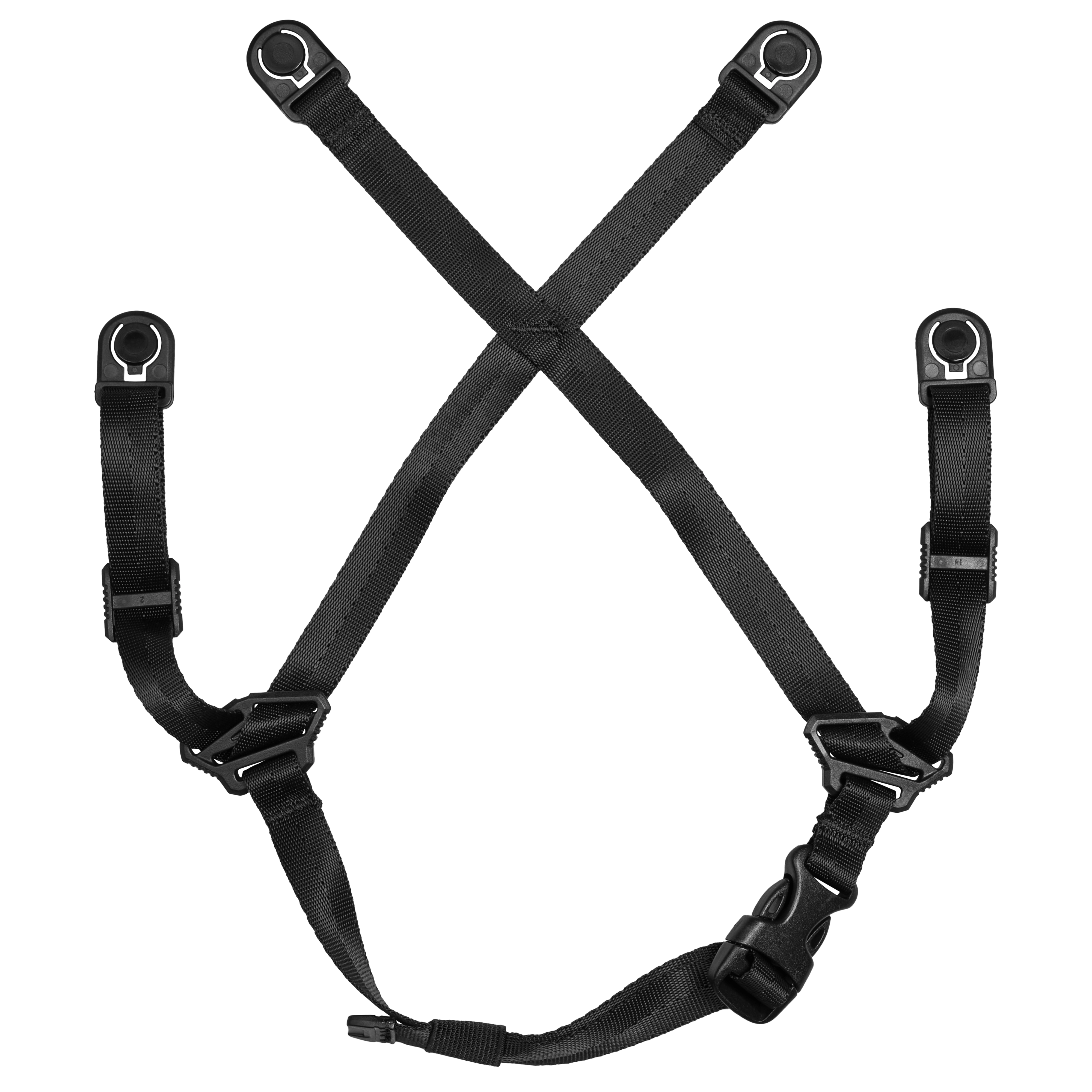Black adjustable harness with four attachment points, crisscross design at the back, and adjustable straps for secure fitting. Made of durable nylon material.