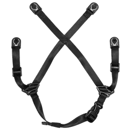 Black adjustable harness with four attachment points, crisscross design at the back, and adjustable straps for secure fitting. Made of durable nylon material.