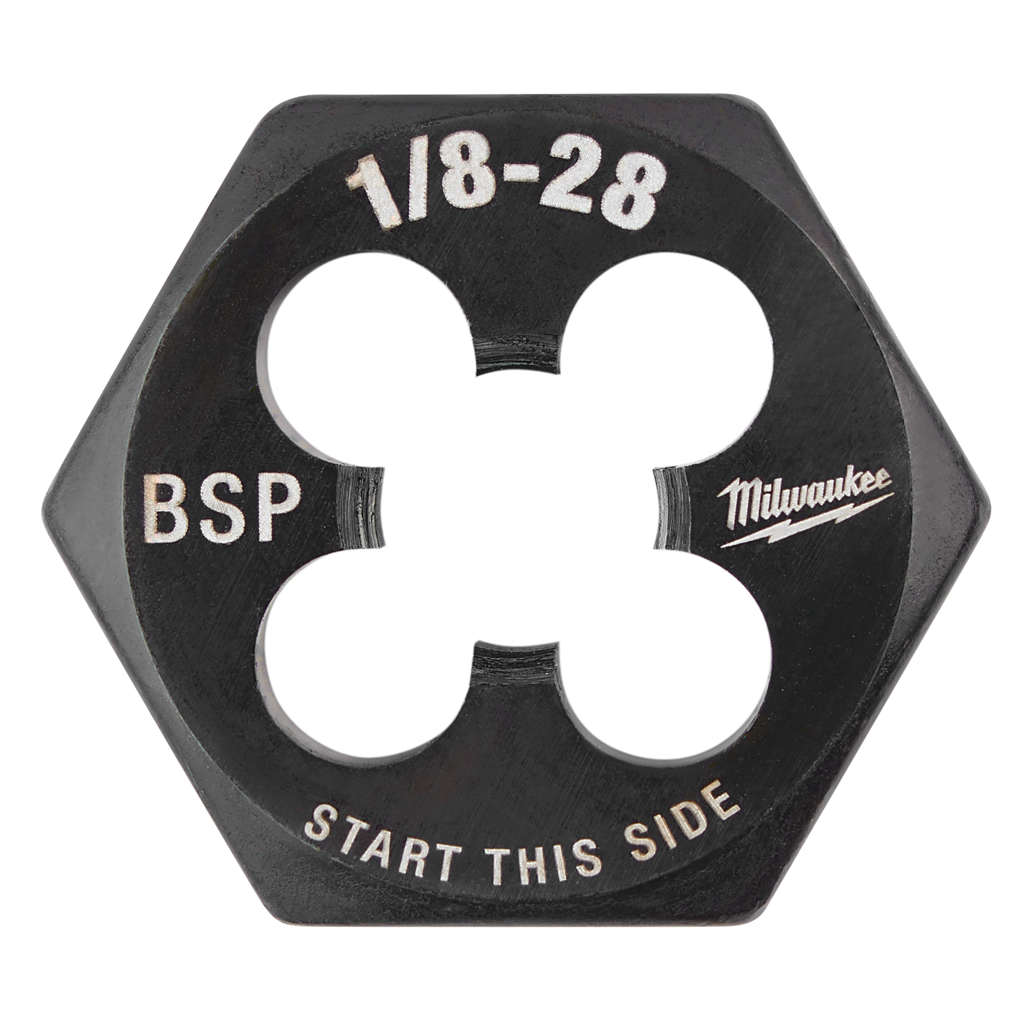 1/8"-28 BSP 1-Inch Hex Threading Die with "START THIS SIDE" marking, featuring black finish and white lettering.