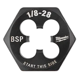 1/8"-28 BSP 1-Inch Hex Threading Die with "START THIS SIDE" marking, featuring black finish and white lettering.