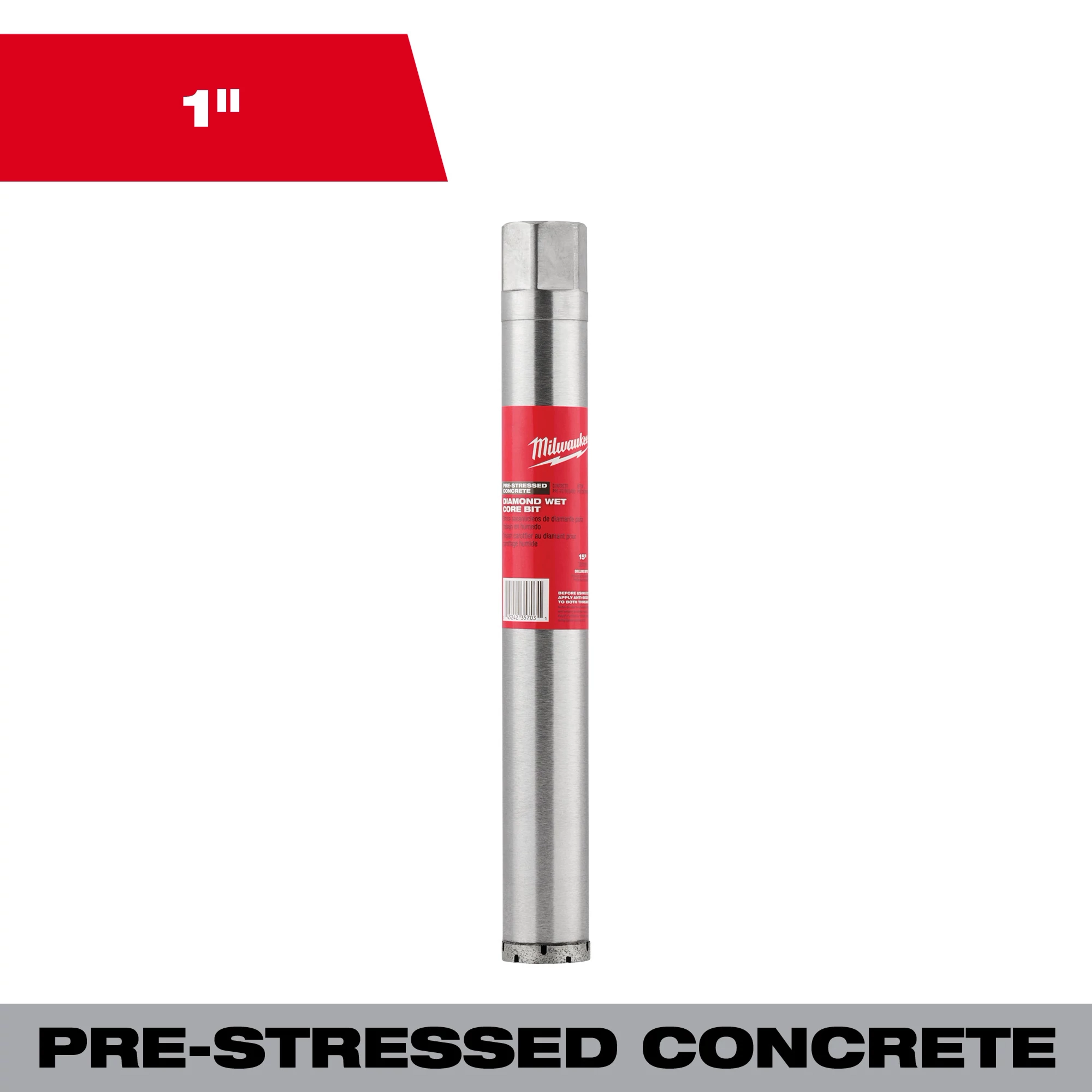 1" Pre-Stressed Diamond Wet Core Bit for pre-stressed concrete drilling, featuring a silver cylindrical design with a red label.
