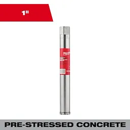 1" Pre-Stressed Diamond Wet Core Bit for pre-stressed concrete drilling, featuring a silver cylindrical design with a red label.