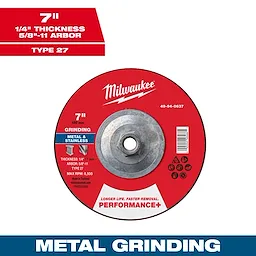 7" x 1/4" x 5/8"-11 Performance+ Metal Grinding Wheel - Type 27 with red label, metal arbor hole, and grinding specifications.