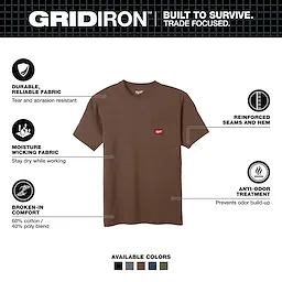 GRIDIRON Pocket T-Shirt - Short Sleeve in brown, features durable fabric, moisture-wicking, reinforced seams, anti-odor treatment, and 60% cotton blend.