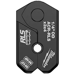 The 1/4" RLS® Pivoting Press Ring is a black, metal tool with white text indicating specifications "1/4" OD ACR-RLS x3x4." It features the Milwaukee logo, an image of a tube fitting labeled "RLS," and additional text "M12 MT8" at the bottom.