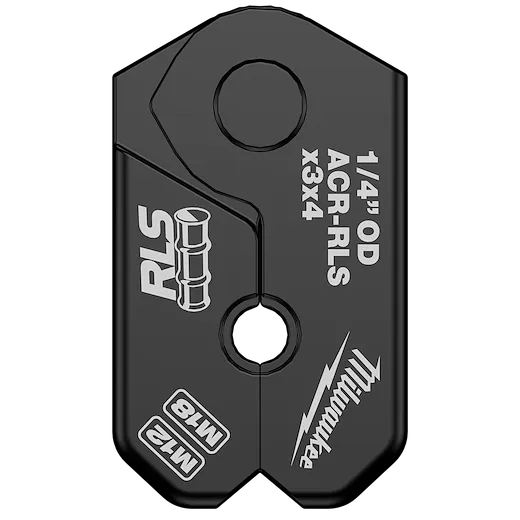 The 1/4" RLS® Pivoting Press Ring is a black, metal tool with white text indicating specifications "1/4" OD ACR-RLS x3x4." It features the Milwaukee logo, an image of a tube fitting labeled "RLS," and additional text "M12 MT8" at the bottom.