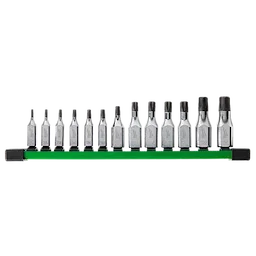 13-piece 1/4” and 3/8” drive TORX bit socket set displayed on a green holder bar, including bits of varying sizes.