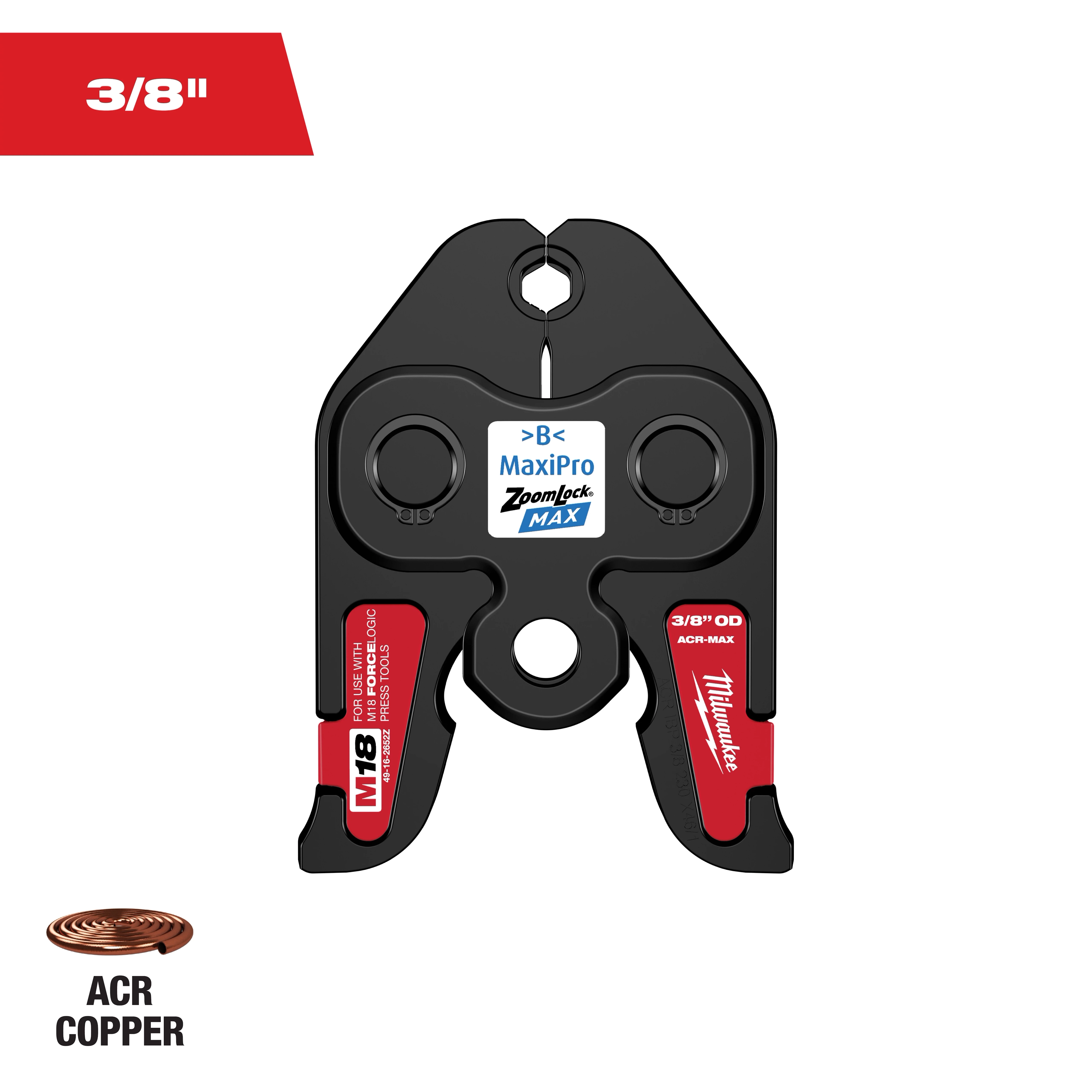 3/8" ZoomLock MAX Press Jaw for M18 FORCE LOGIC Press Tools, designed for ACR copper connections. Black with red and white labels.