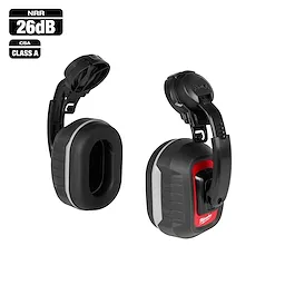 BOLT 26dB Earmuffs feature black cushioned ear cups with gray accents and adjustable headbands; designed for noise reduction and protection.