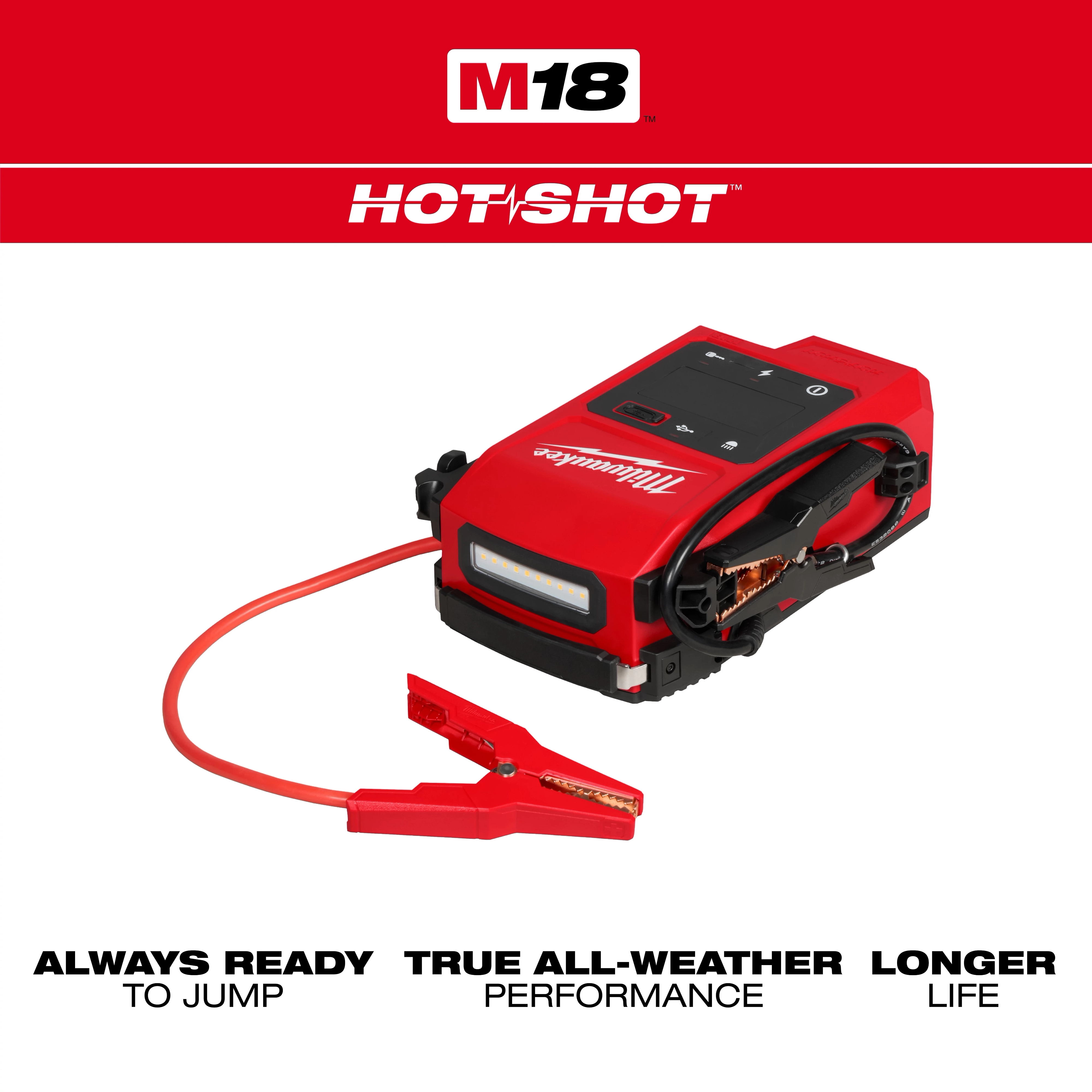The M18™ HOTSHOT™ Jump Starter is a red, portable device with attached jumper cables, designed for all-weather performance and long battery life. It features a digital display and a light on the front. The product is branded with the Milwaukee logo.