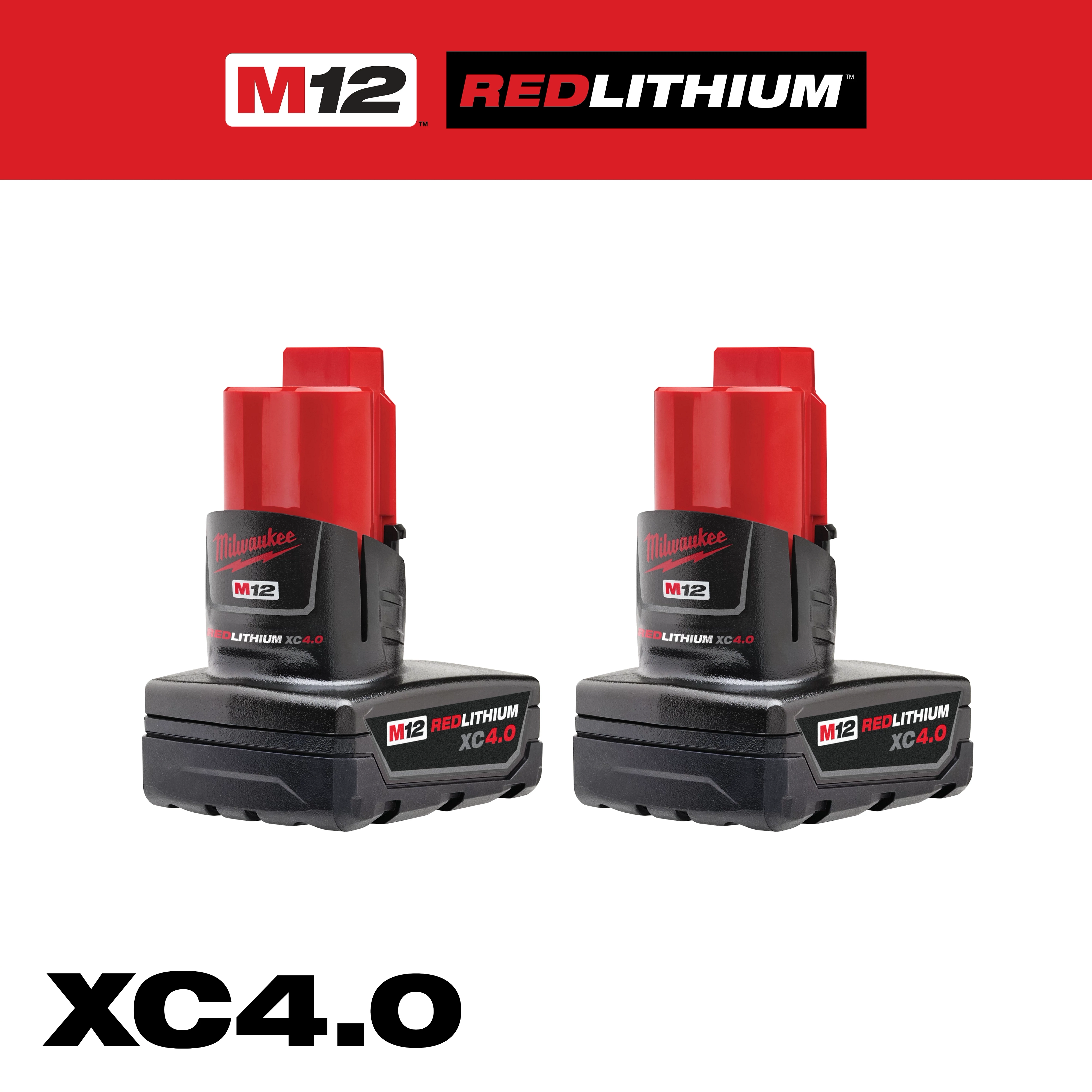 M12 REDLITHIUM XC4.0 Battery, two-pack. Features a black and red design with the M12 logo and XC4.0 branding.