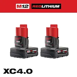 M12 REDLITHIUM XC4.0 Battery, two-pack. Features a black and red design with the M12 logo and XC4.0 branding.
