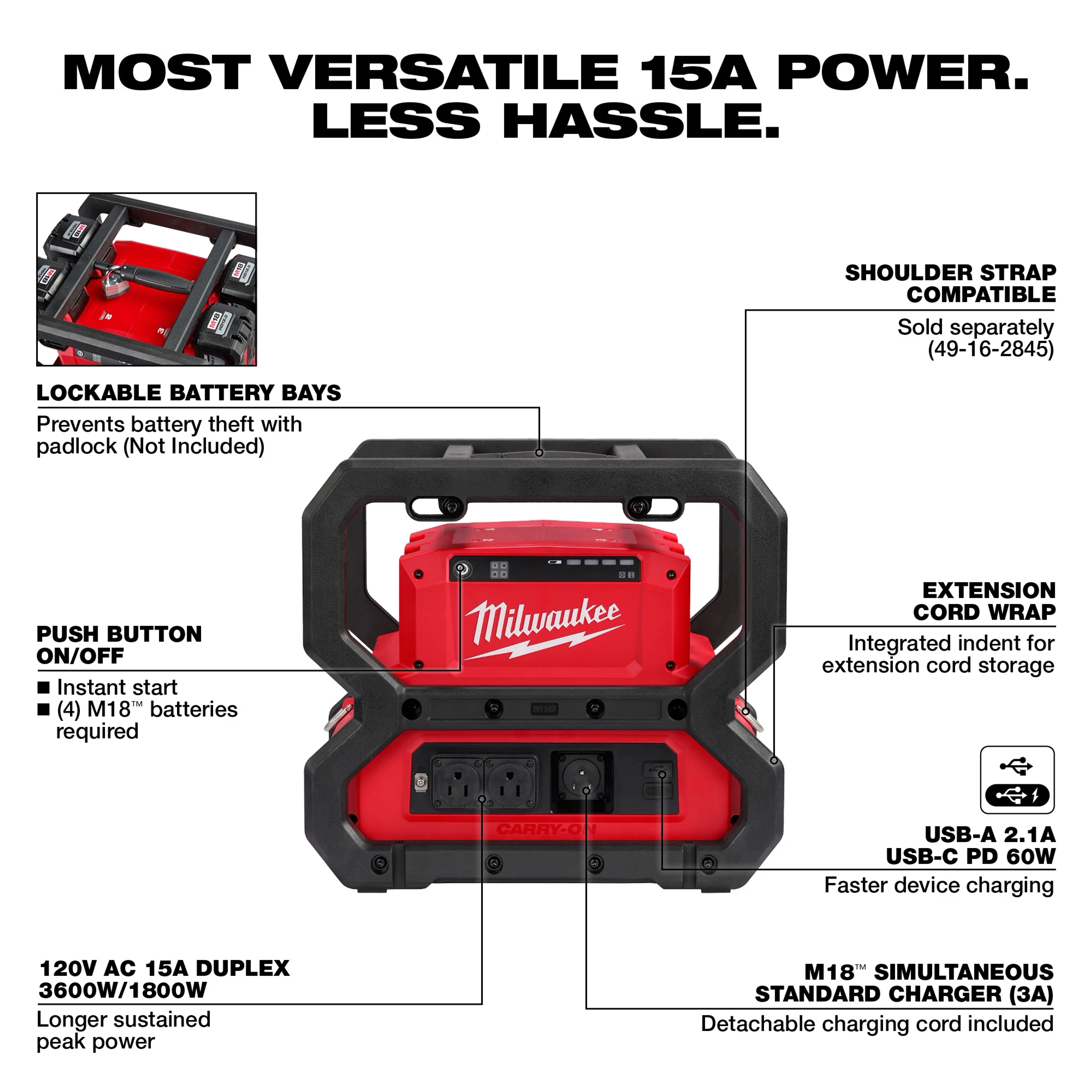 The M18 CARRY-ON Power Supply Walkaround features lockable battery bays, USB ports, extension cord wrap, and duplex outlets.
