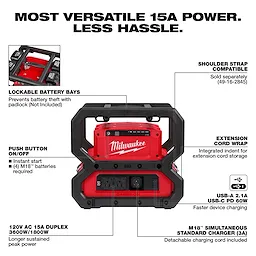 The M18 CARRY-ON Power Supply Walkaround features lockable battery bays, USB ports, extension cord wrap, and duplex outlets.