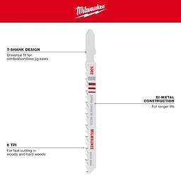 Milwaukee 4" 6TPI T-Shank Wood Bi-Metal Jig Saw Blade 5PK features a bi-metal construction, 6 TPI for fast wood cutting, and a universal T-Shank design.