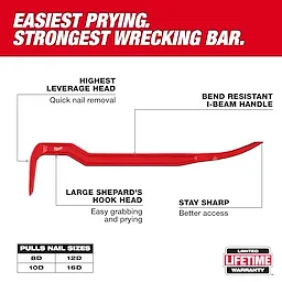 The 18" Wrecking Bar features a highest leverage head for quick nail removal, a bend-resistant I-beam handle, a large Shepard's hook head for easy grabbing and prying, and a stay-sharp edge for better access. It pulls 8D, 10D, 12D, and 16D nails and offers a lifetime warranty.