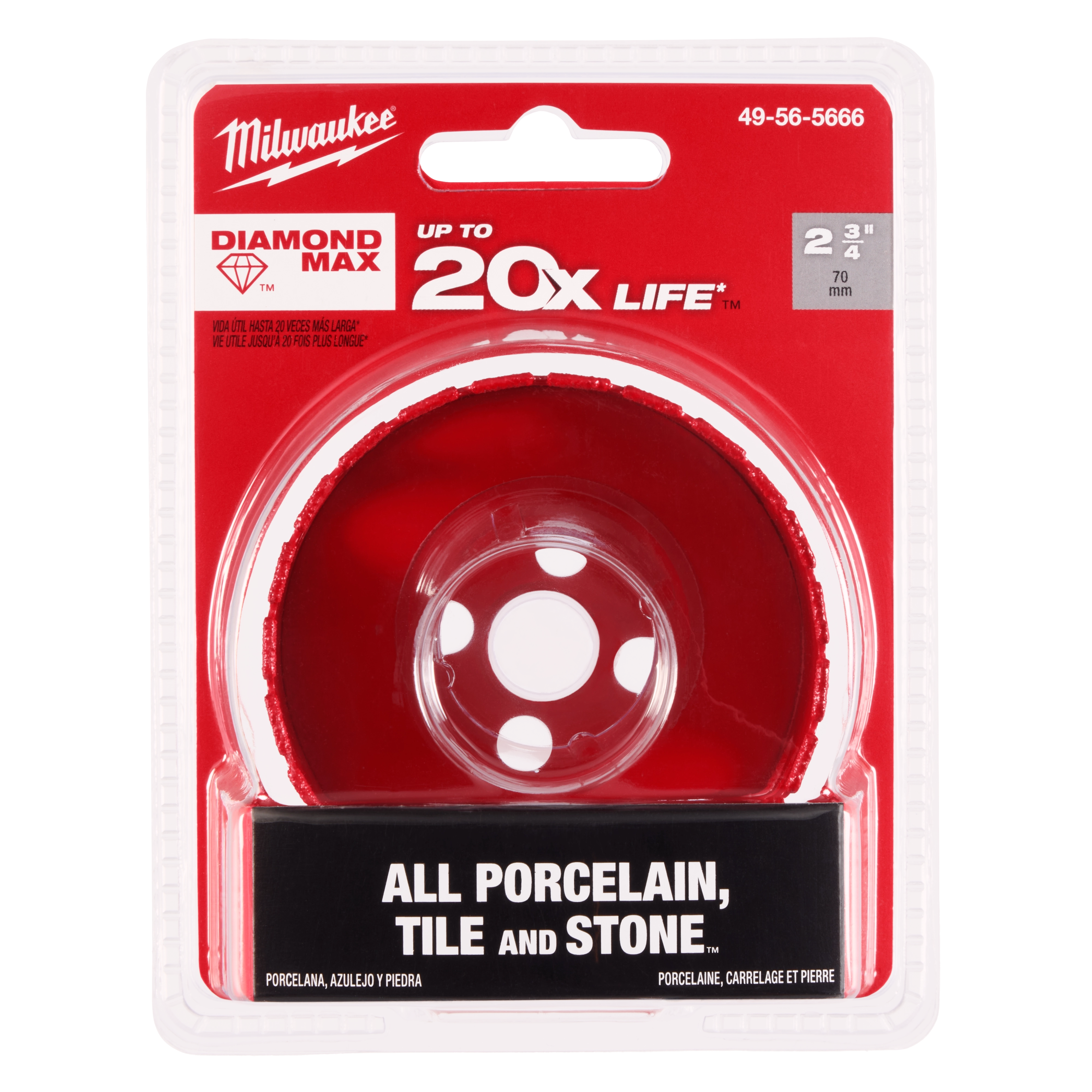 Milwaukee 2-3/4" Diamond Max Hole Saw in packaging. Features 20x longer life for cutting porcelain, tile, and stone.