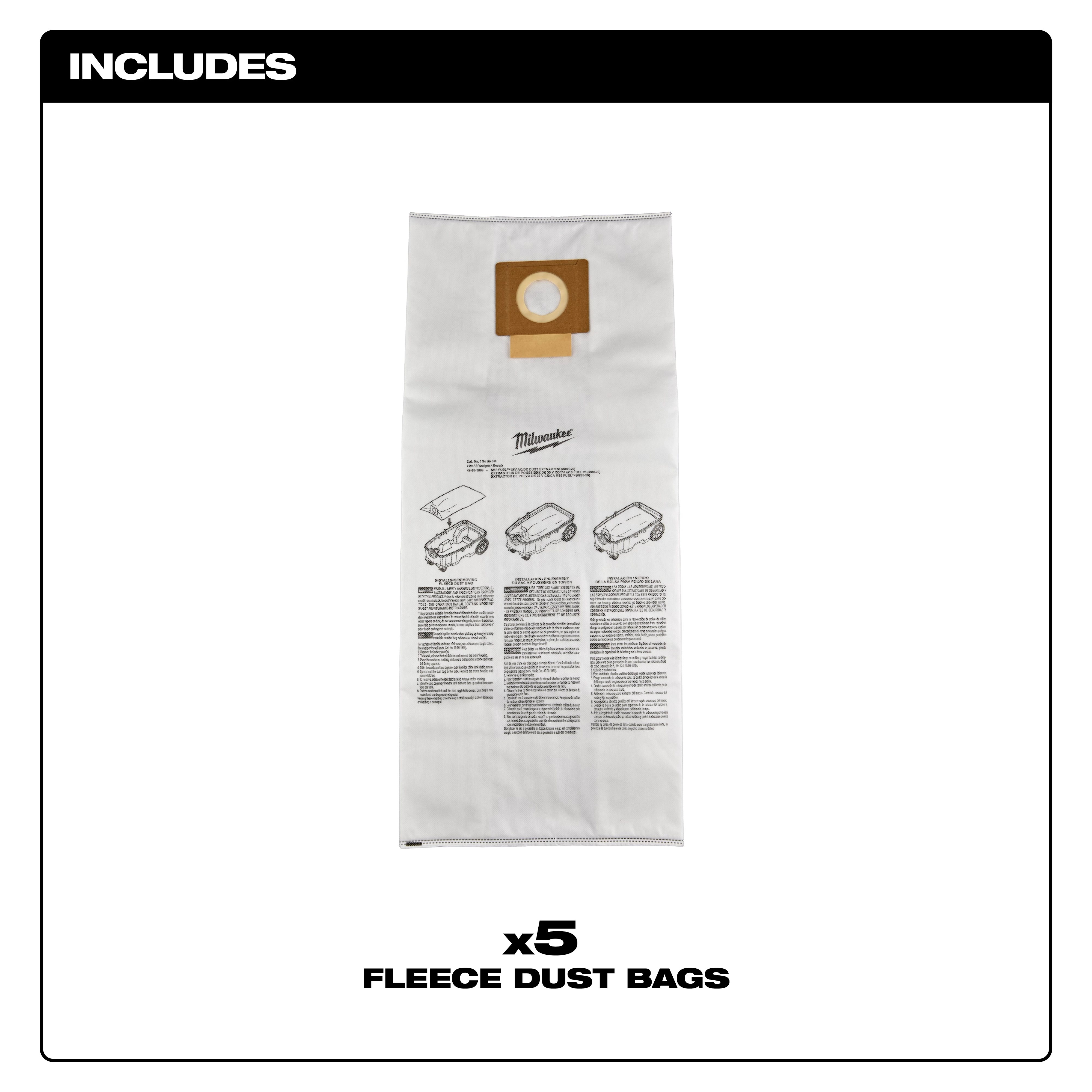 The image shows one of five Fleece Dust Bags (5PK) for use in vacuum cleaners. The bag is white with a cardboard collar and installation instructions printed in black. The package includes five fleece dust bags.
