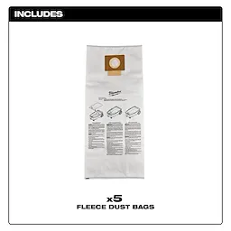The image shows one of five Fleece Dust Bags (5PK) for use in vacuum cleaners. The bag is white with a cardboard collar and installation instructions printed in black. The package includes five fleece dust bags.