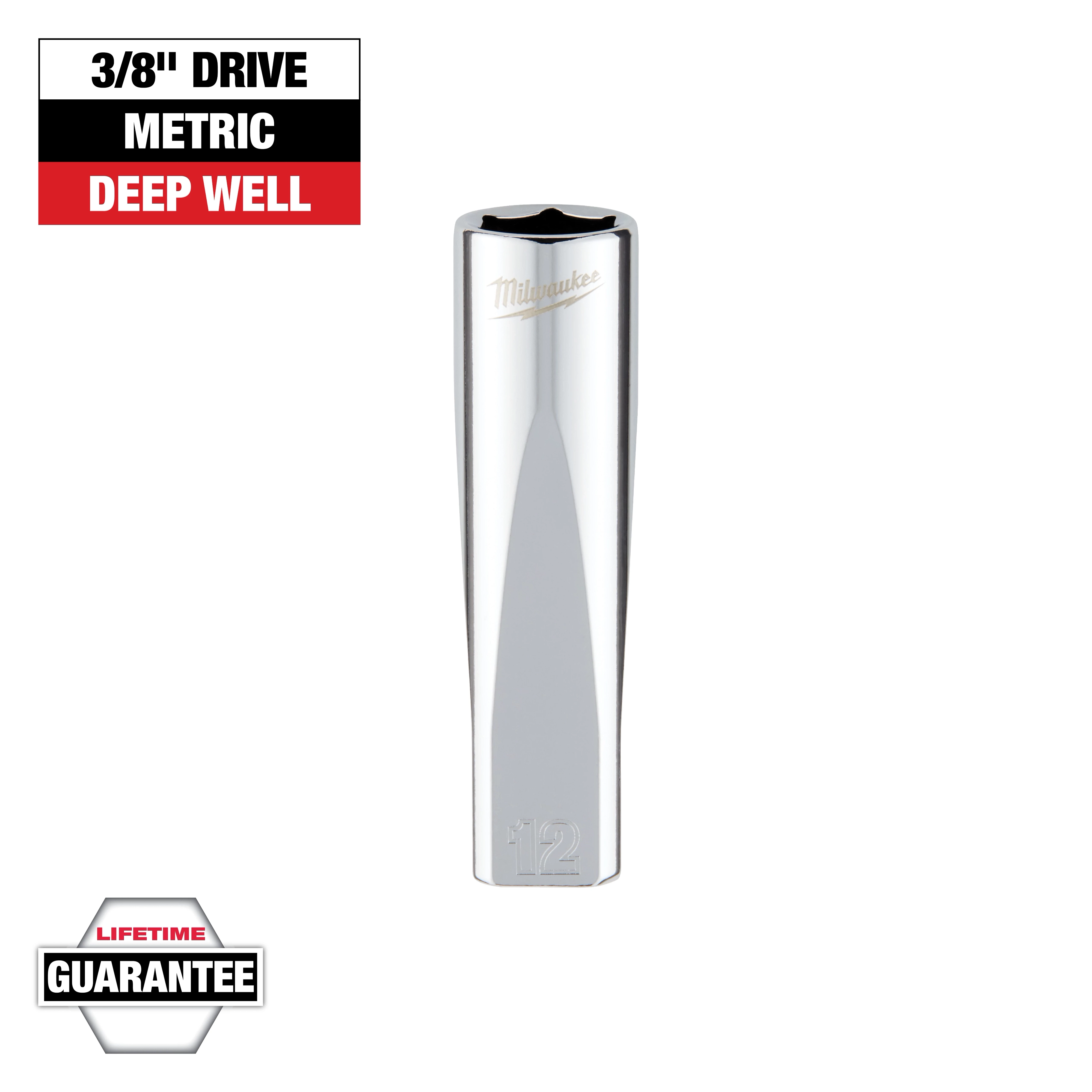 This image shows a Milwaukee 3/8" drive, deep well metric socket. The chrome-finished, cylindrical socket has '12' engraved at the bottom, indicating its size. A black label above notes its metric measurement, while a hexagonal emblem at the bottom left mentions a lifetime guarantee.