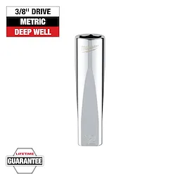 This image shows a Milwaukee 3/8" drive, deep well metric socket. The chrome-finished, cylindrical socket has '12' engraved at the bottom, indicating its size. A black label above notes its metric measurement, while a hexagonal emblem at the bottom left mentions a lifetime guarantee.