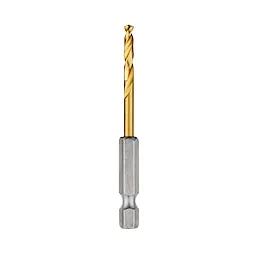 The Red Helix Titanium Impact Drill Bit features a gold, helical cutting edge and a silver hexagonal shank for compatibility with impact drivers. It is designed for drilling into metal, wood, and plastics with enhanced durability and performance.