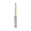 The Red Helix Titanium Impact Drill Bit features a gold, helical cutting edge and a silver hexagonal shank for compatibility with impact drivers. It is designed for drilling into metal, wood, and plastics with enhanced durability and performance.