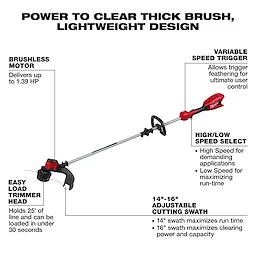 The M18 Brushless String Trimmer features a brushless motor, variable speed trigger, high/low speed select, easy load trimmer head, and 14"-16" adjustable cutting swath, designed to efficiently clear thick brush with its lightweight design.