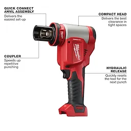 The M18™ FORCE LOGIC™ 10T Knockout Tool features a red and black design, a compact head for tight spaces, a quick connect anvil assembly, a coupler for efficient repetitive punching, and a hydraulic release for fast tool resetting after each punch.