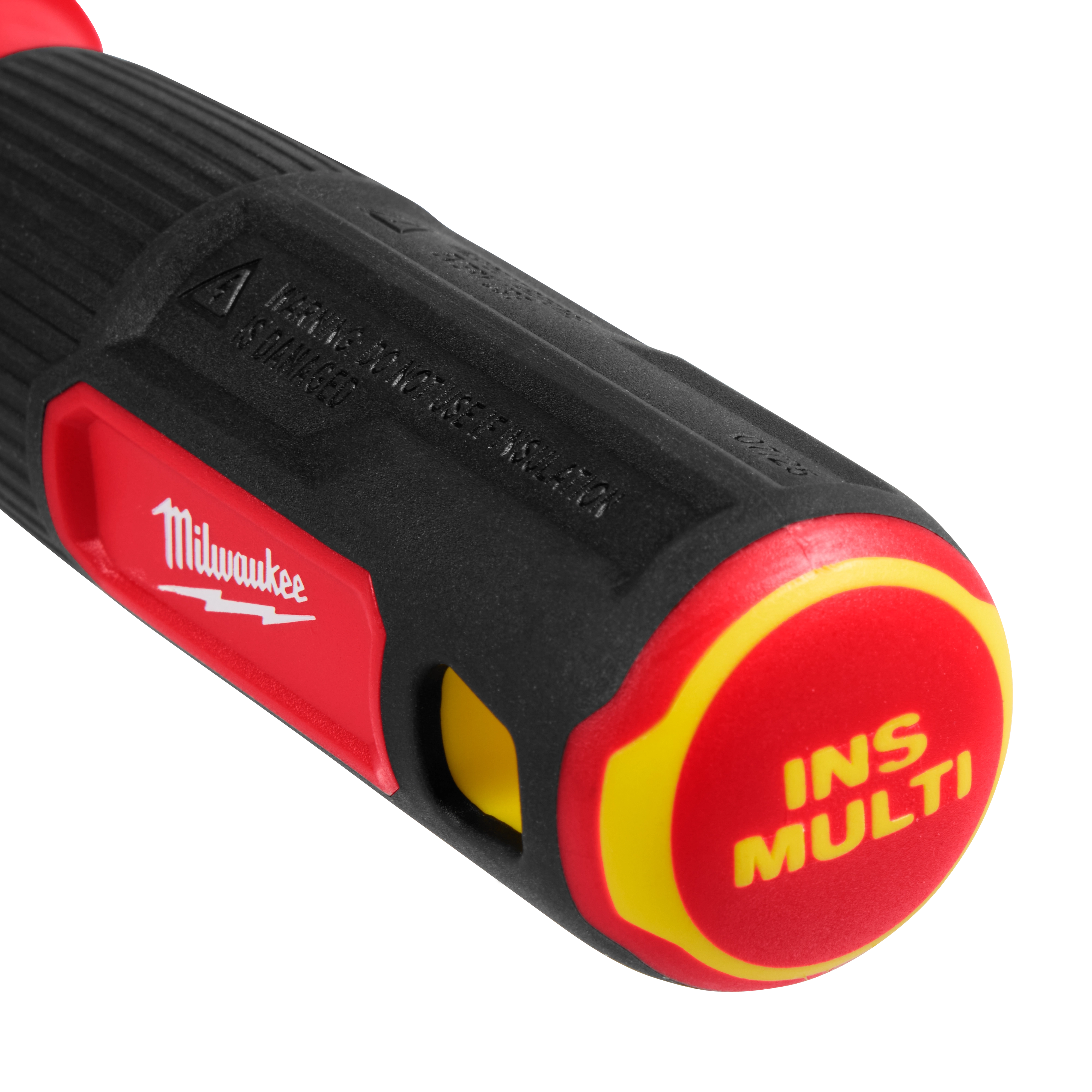 The 2-in-1 1000V Insulated Flip Shank Multi-Bit Screwdriver features a handle with a cap labeled "INS MULTI." The handle includes a textured grip for comfort and control.