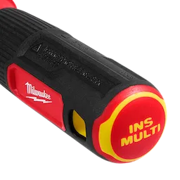 The 2-in-1 1000V Insulated Flip Shank Multi-Bit Screwdriver features a handle with a cap labeled "INS MULTI." The handle includes a textured grip for comfort and control.
