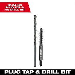 12-24 NC Straight Flute Plug Tap and #16 Drill Bit set features a metal drill bit and a corresponding plug tap for threading holes.