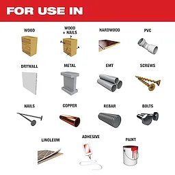 The OPEN-LOK™ 9 PC Oscillating Multi-Tool Blade Set is suitable for cutting wood, wood with nails, hardwood, PVC, drywall, metal, EMT, screws, nails, copper, rebar, bolts, linoleum, adhesive, and paint. The image displays icons representing these materials.
