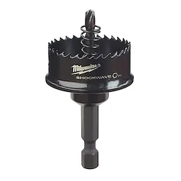 Shockwave Thin Wall Hole Saws by Milwaukee, featuring a black cylindrical body with a toothed edge and hex shank.