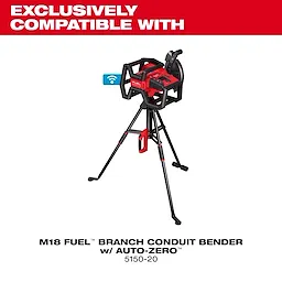 The image shows the M18 FUEL™ Branch Conduit Bender w/ AUTO-ZERO™ model 5150-20. It is a red and black conduit bender placed on a tripod stand, highlighted with a caption "Exclusively Compatible With" at the top.