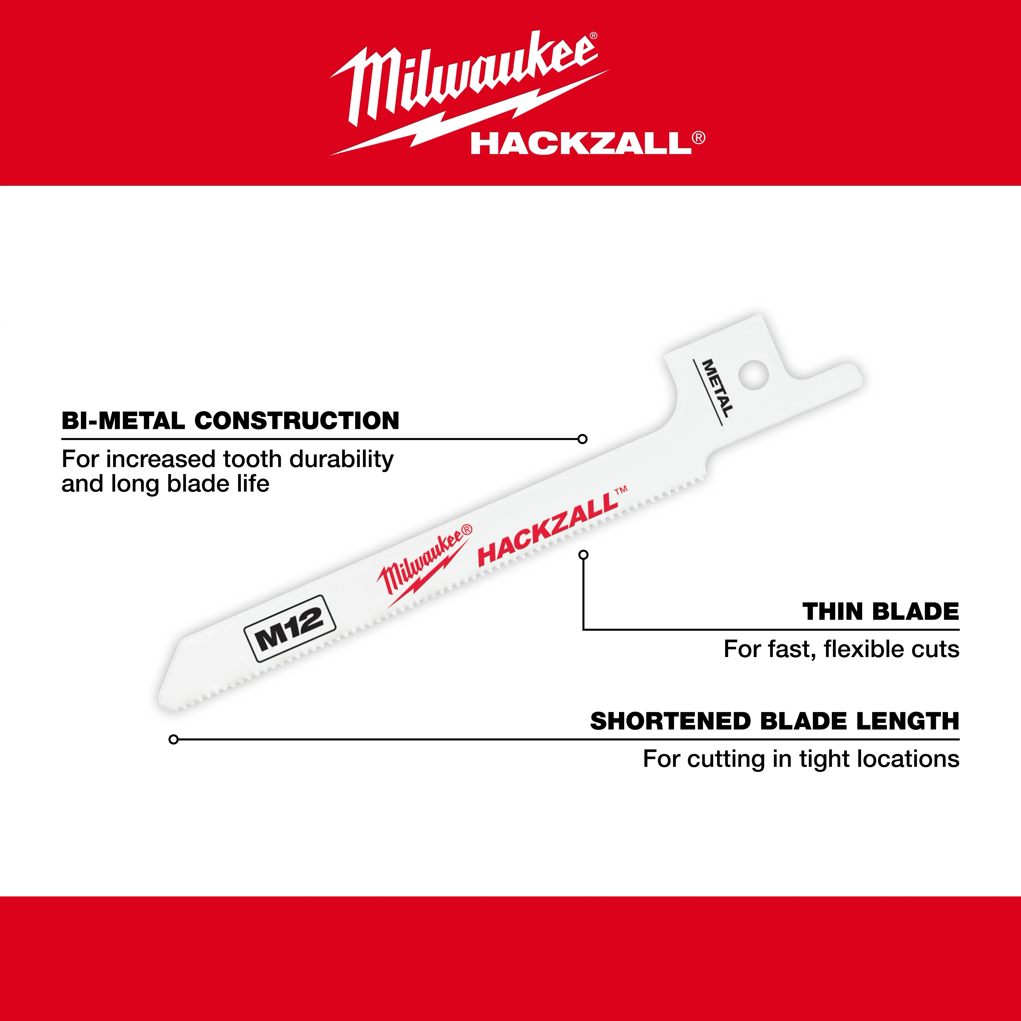 The Wood%20Scroll%20Hackzall%20Walkaround blade features a bi-metal construction for durability, a thin blade for fast, flexible cuts, and a shortened length for cutting in tight locations. The Milwaukee logo and Hackzall branding are displayed prominently on the blade.