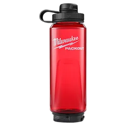 Red PACKOUT 34oz Bottle with Tether Lid standing upright on a plain white background.
