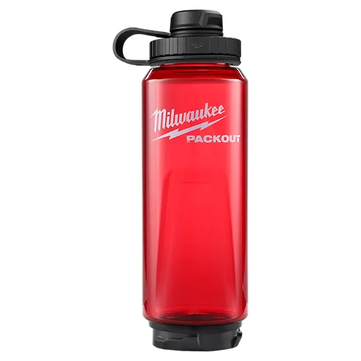 Red PACKOUT 34oz Bottle with Tether Lid standing upright on a plain white background.