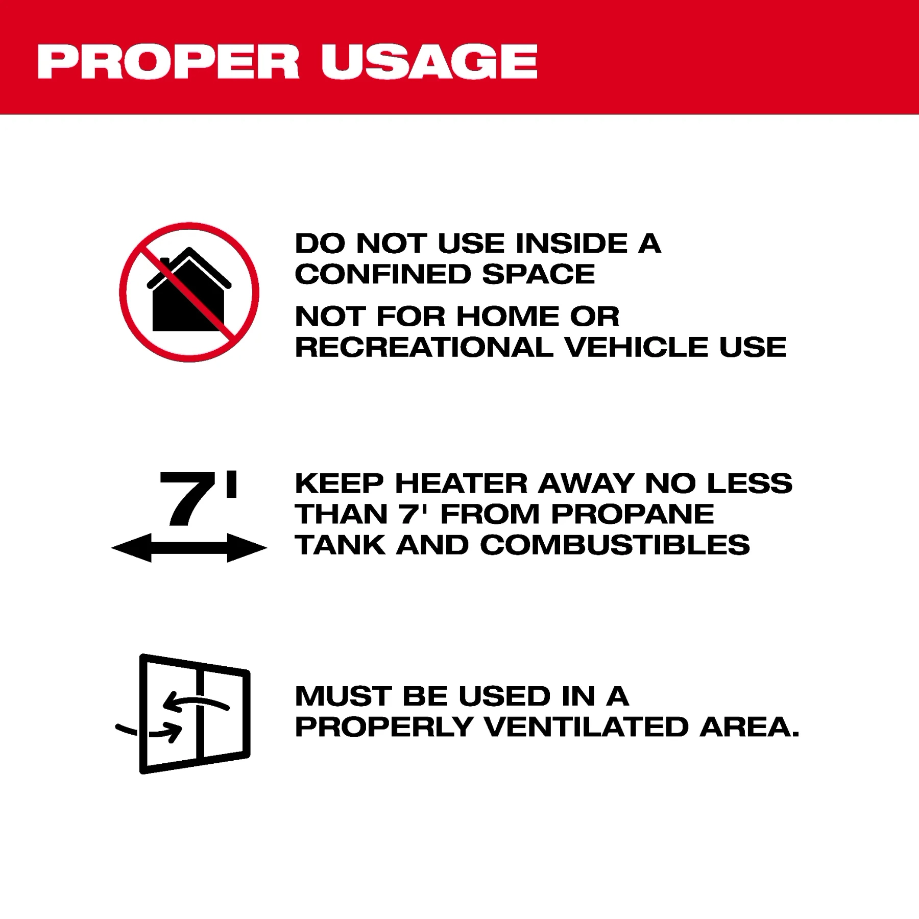 Do not use inside a confined space, not for home or recreational vehicle use, keep heater away no less than 7 feet from propane tank and combustibles