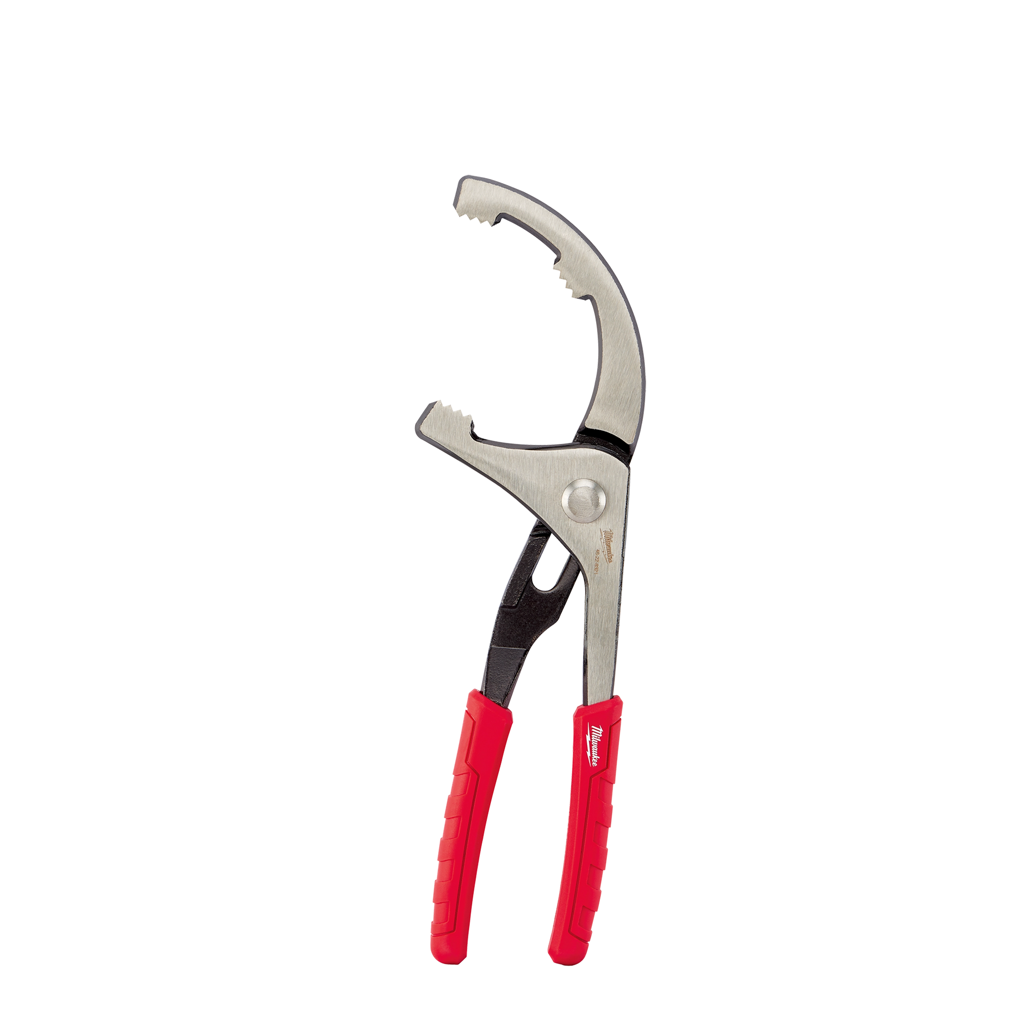 Comfort Grip PVC/Oil Filter Pliers with adjustable jaw, silver metal body, and red non-slip handles. Designed for gripping and turning oil filters or PVC pipes.