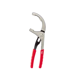 Comfort Grip PVC/Oil Filter Pliers with adjustable jaw, silver metal body, and red non-slip handles. Designed for gripping and turning oil filters or PVC pipes.