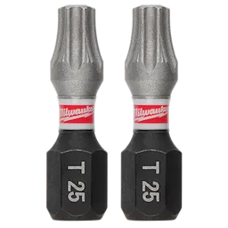 Image of two SHOCKWAVE™ 1" Impact Duty TORX® T25 Insert Bits (2 PK) from Milwaukee Tool. The bits are metallic with a gray upper half and black base, marked "T25," and feature a red and white Milwaukee logo band in the middle.