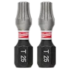 Image of two SHOCKWAVE™ 1" Impact Duty TORX® T25 Insert Bits (2 PK) from Milwaukee Tool. The bits are metallic with a gray upper half and black base, marked "T25," and feature a red and white Milwaukee logo band in the middle.